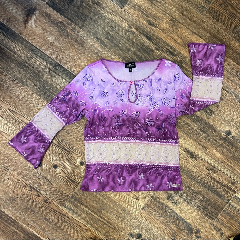 Venice Beach Floral Mesh Top – Purple Boho Y2K Long Sleeve | Size M